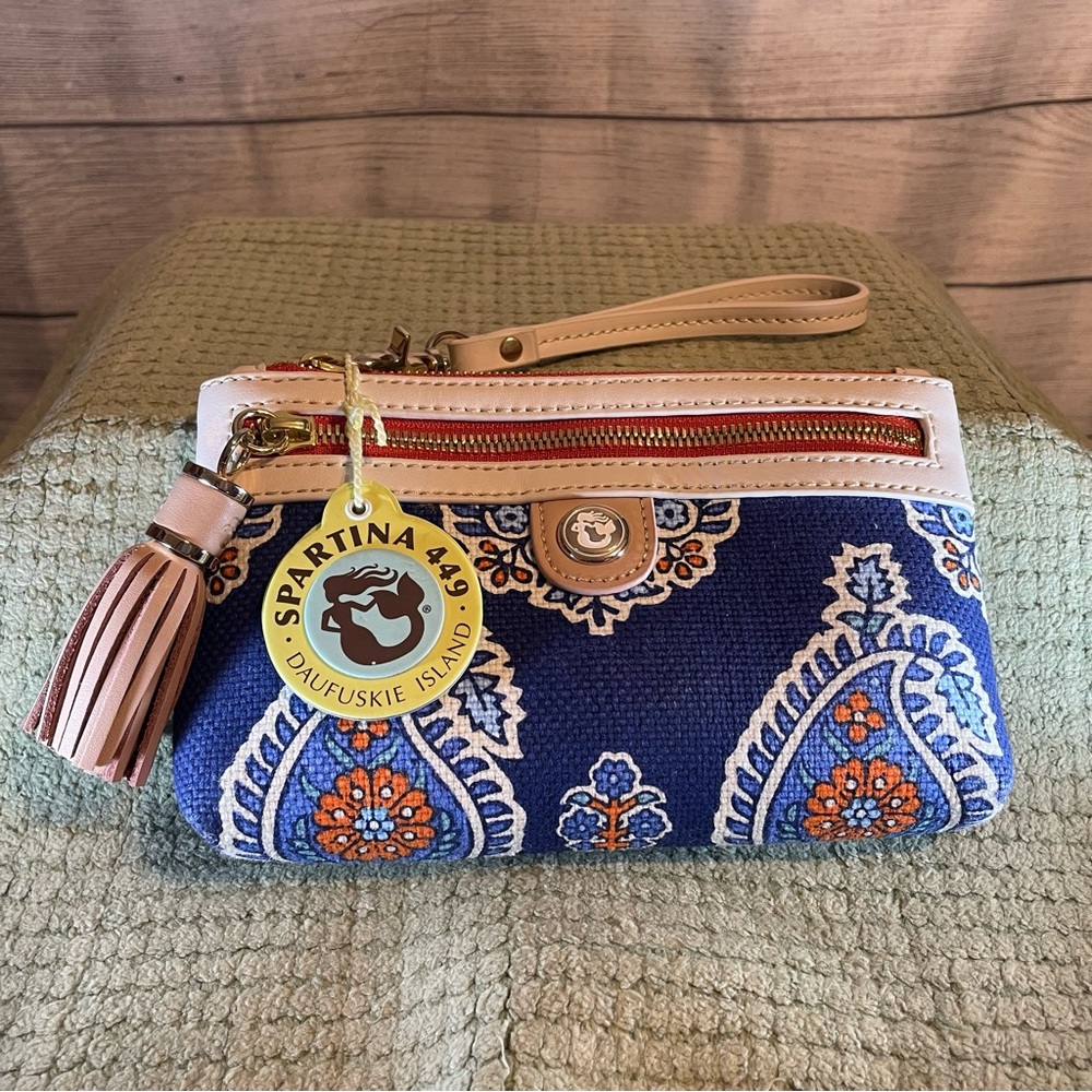 Spartina 449 Blue Paisley Canvas Wristlet with Tan Trim and Orange Accents
